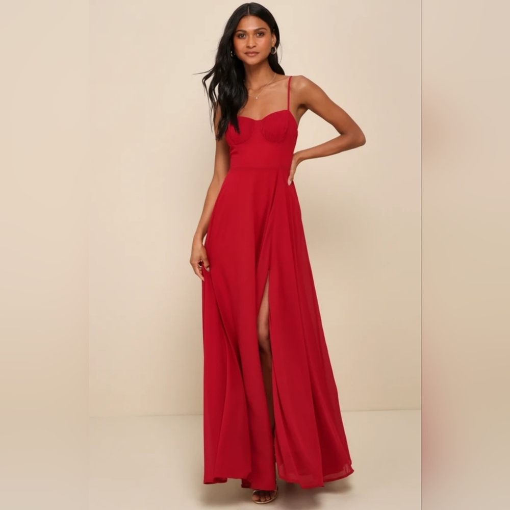 Lulus Red Pleated Bustier Maxi Dress